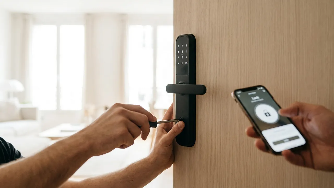 Serrure connectée installée sur la porte d'entrée d'un pavillon de Mennecy